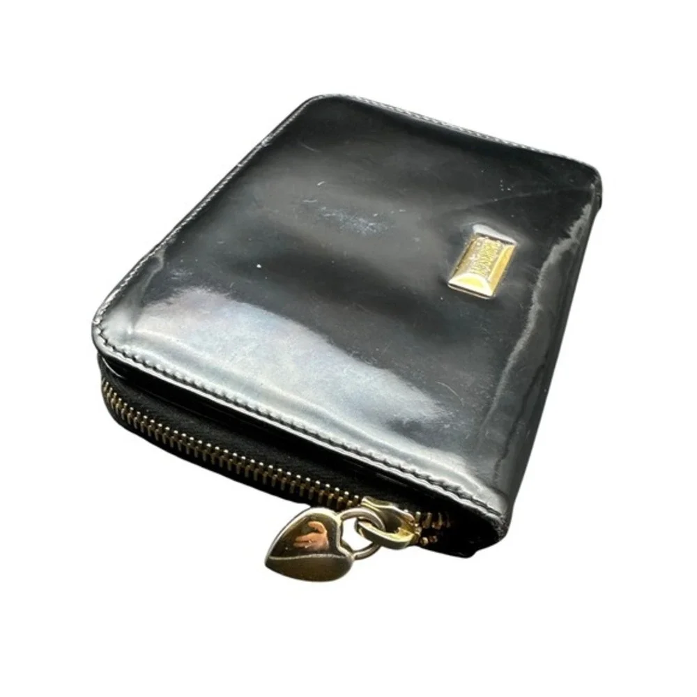 Vintage‎ Y2K Moschino Black Patent Leather Zip Around Wallet Gold Heart KC